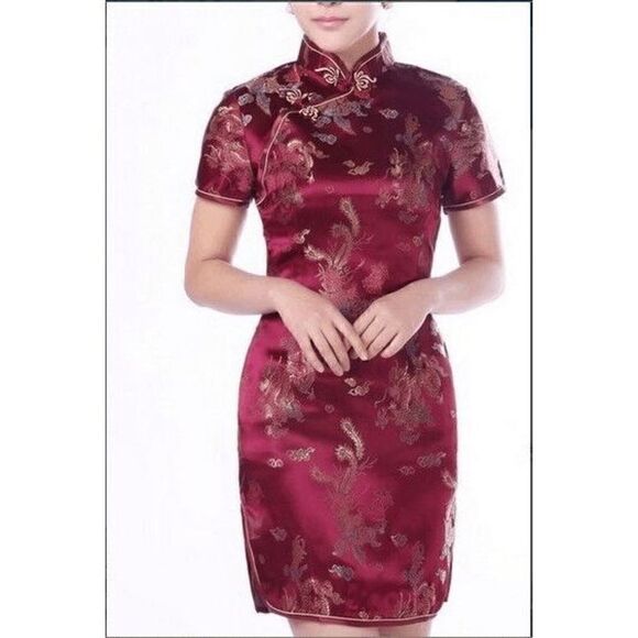 🐉 Mandarin Collar Cheongsam Chinese Dragon Print Side Slits Qipao Dress S NEW - Picture 2 of 16
